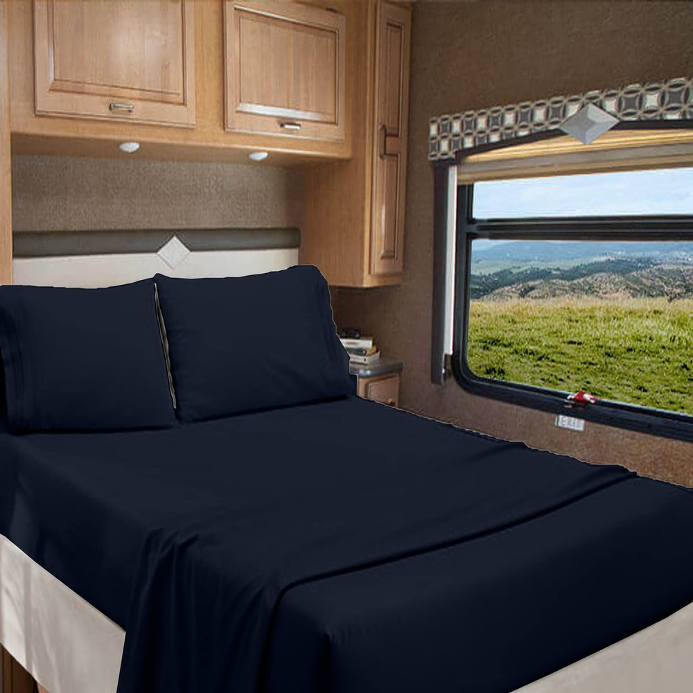 RV Camper Queen 60" X 80" Sheet Set 400 Thread Count 100% Egyptian Cotton 10-Inch Deep Pockets Made for RV, Camper, Motorhomes, Boat, Soft Luxury & Breathable, 4-PC RV-Sheets - Navy Blue Solid