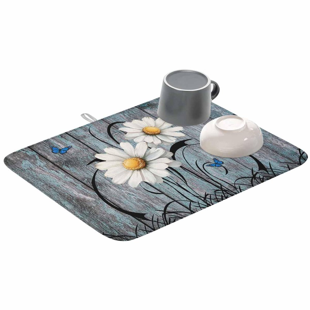 Floral Dish Drying Mat for Kitchen Rustic Wood Yellow Daisy Butterfly Dry Mat Absorbent Reversible Microfiber Kitchen Counter Drying Mat Wood Grain Dish Drainer Mat Kitchen Accessories 18"x24"