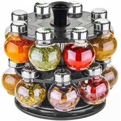 Masala Box Revolving Spice Rack Masala Rack 1 Stand,16 Plastic Bottles With Steel Cap Set 16 Piece(Plastic)