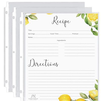 8.5x11 Recipe Binder Cards & Sleeves - Refill Pack - 50 Clear Plastic Page Protectors & 25 Double Sided Recipe Card Pages for 3 Ring Recipe Books - DIY Full-Size Pages- Protect Your Family Recipes