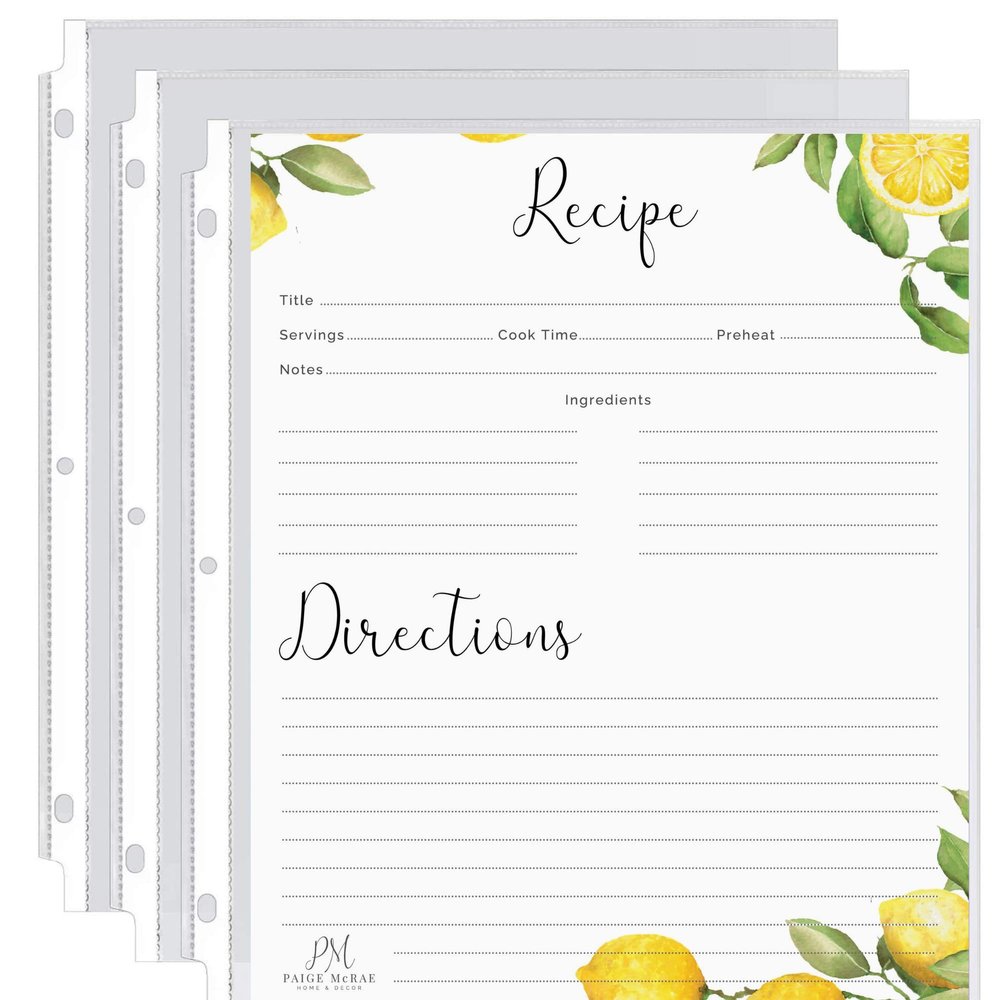 8.5x11 Recipe Binder Cards & Sleeves - Refill Pack - 50 Clear Plastic Page Protectors & 25 Double Sided Recipe Card Pages for 3 Ring Recipe Books - DIY Full-Size Pages- Protect Your Family Recipes