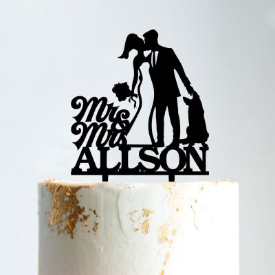 Custom Mr Mrs Cake Topper Bride And Groom with Pet Wedding Cake Topper Couple Silhouette Personalized Wedding Cake Topper Anniversary Baptism Cake Topper Black Acrylic, 6 Inch