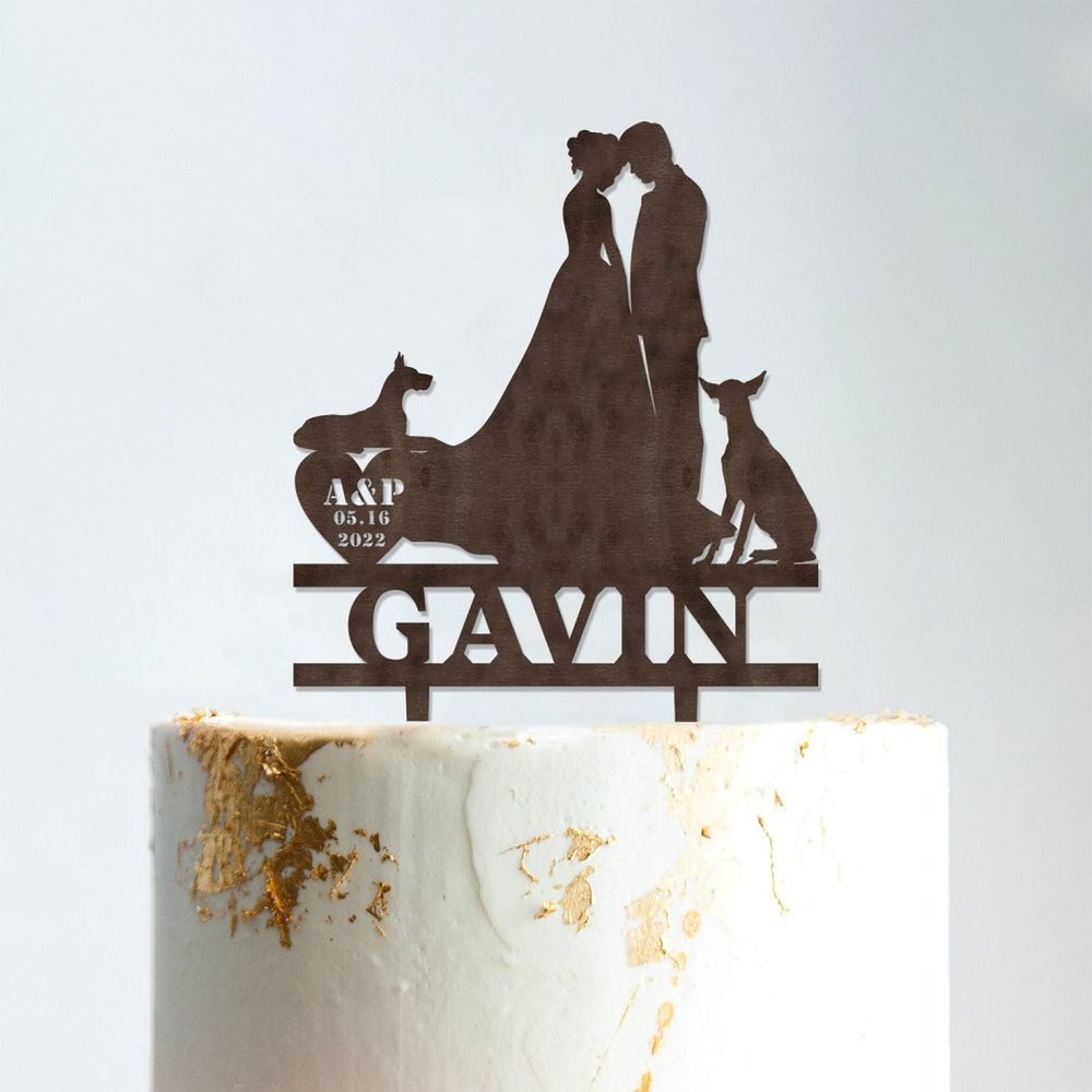 Mr And Mrs Wedding Cake Topper Bride And Groom with Pet Wedding Cake Topper Couple Silhouette Custom Initials Cake Topper Rustic Wedding Cake Topper Brown Wood, 6 Inch