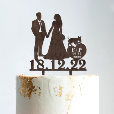 Mr And Mrs Engagement Cake Topper Bride And Groom with Pet Wedding Cake Topper Couple Silhouette Personalized Wedding Cake Topper Funny Cake Toppers for Wedding Brown Wood, 6 Inch