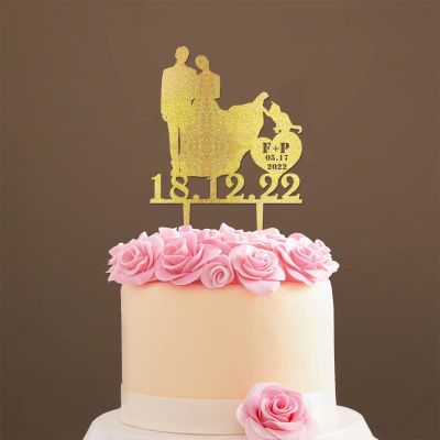 Mr And Mrs Cake Topper Bride And Groom with Pet Wedding Cake Topper Couple Silhouette Custom Wedding Cake Topper Funny Cake Toppers for Wedding Gold Glitter Wood, 6 Inch