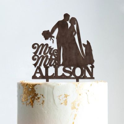 Wedding Mr & Mrs Cake Topper Bride And Groom with Pet Wedding Cake Topper Couple Silhouette Personalized Wedding Cake Topper Funny Cake Toppers for Wedding Brown Wood, 6 Inch