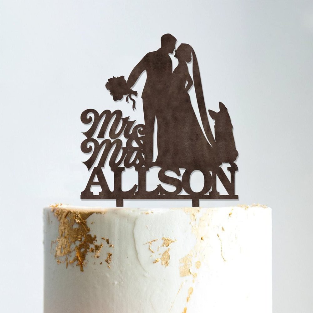 Wedding Mr & Mrs Cake Topper Bride And Groom with Pet Wedding Cake Topper Couple Silhouette Personalized Wedding Cake Topper Funny Cake Toppers for Wedding Brown Wood, 6 Inch