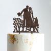 Wedding Mr & Mrs Cake Topper Bride And Groom with Pet Wedding Cake Topper Couple Silhouette Personalized Wedding Cake Topper Funny Cake Toppers for Wedding Brown Wood, 6 Inch view 1