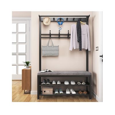 LHHL Industrial Coat Rack Shoe Storage Bench 4-in-1 Hall Tree Entryway with Coat Hanging Hooks Metal Frame Easy Assembly for Hallway Living Room (Color : Black Grey, Size : 80x33x170cm)