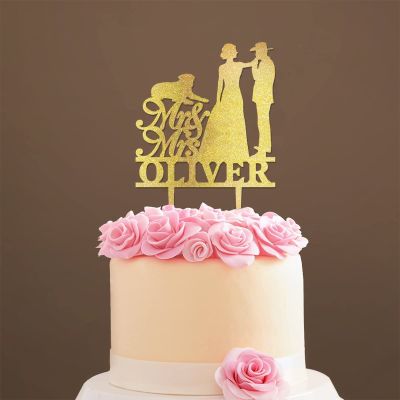 Custom Mr Mrs Cake Topper Bride And Groom with Pet Wedding Cake Topper Couple Silhouette Personalized Cake Topper Rustic Wedding Cake Topper Gold Glitter Wood, 6 Inch