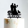Mr And Mrs Wedding Cake Topper Bride And Groom with Pet Wedding Cake Topper Couple Silhouette Custom Initials Cake Topper Rustic Wreath Cake Topper Black Acrylic, 6 Inch view 1