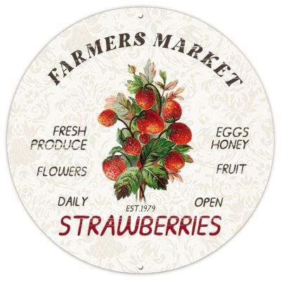 Farmers Market Strawberries Round Metal Wreath Sign Vintage Rustic Fresh Produce Flowers Fruit Daily Open Round Sign for Wreaths 9inch Wreath Accent Sign for Bathroom,Warn,Man Cave,Bar,Club