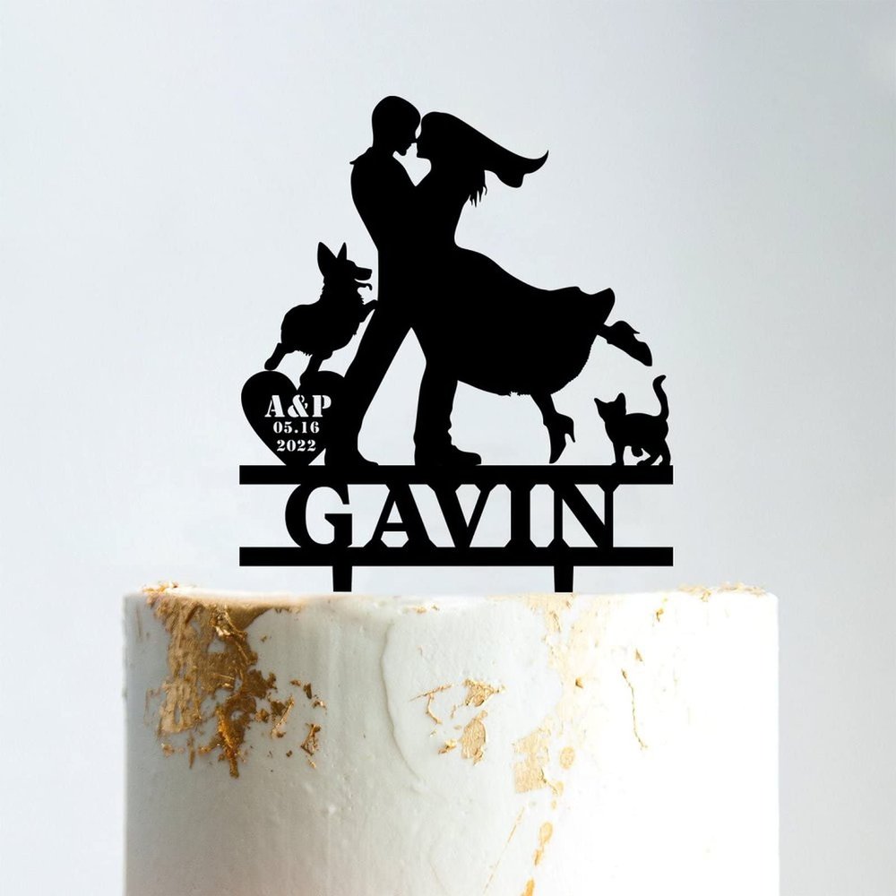 Mr And Mrs Engagement Cake Topper Bride And Groom with Pet Wedding Cake Topper Couple Silhouette Personalized Wedding Cake Topper Cake Topper Wedding Black Acrylic, 6 Inch