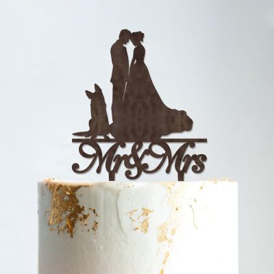 Mr And Mrs Cake Topper Bride And Groom with Pet Wedding Cake Topper Couple Silhouette Personalized Cake Topper Anniversary Baptism Cake Topper Brown Wood, 6 Inch