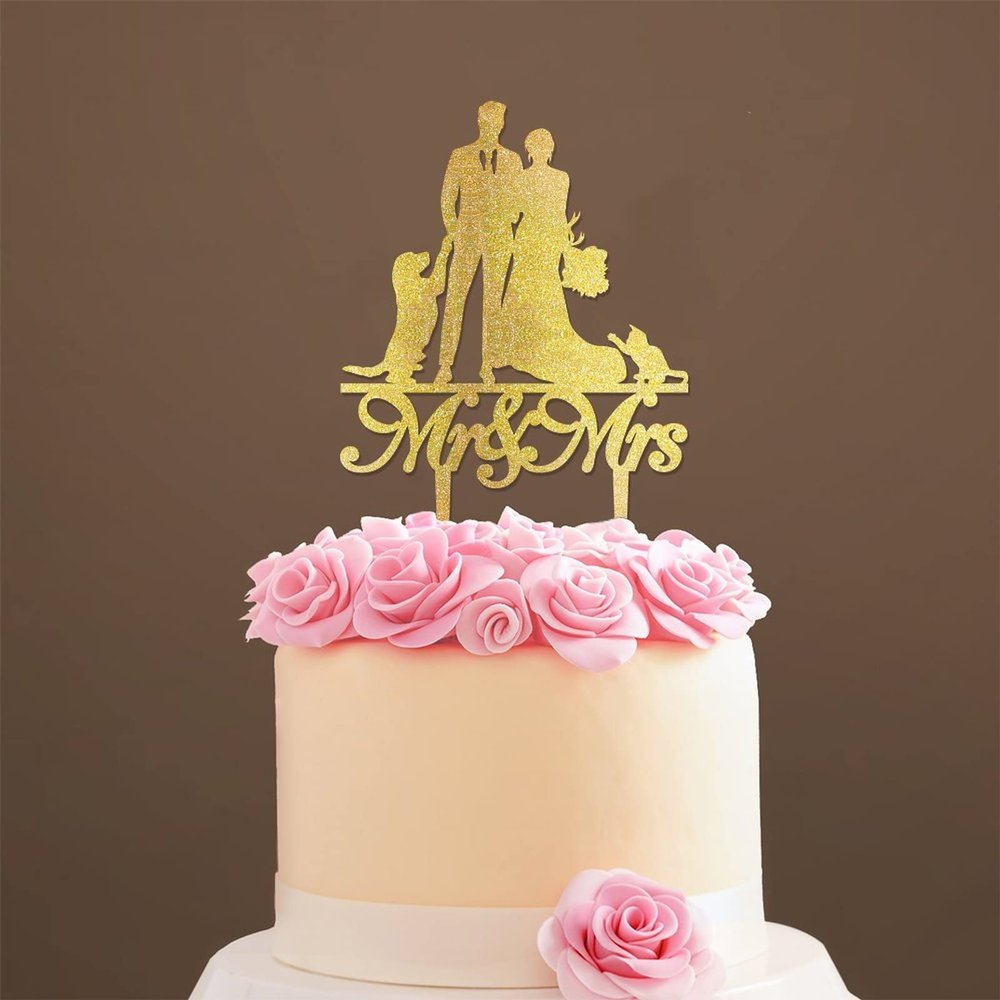 Mr & Mrs Wedding Cake Topper Bride And Groom with Pet Wedding Cake Topper Couple Silhouette Personalized Cake Topper Anniversary Cake Toppers Gold Glitter Wood, 6 Inch