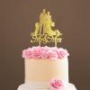 Mr & Mrs Wedding Cake Topper Bride And Groom with Pet Wedding Cake Topper Couple Silhouette Personalized Cake Topper Anniversary Cake Toppers Gold Glitter Wood, 6 Inch view 1