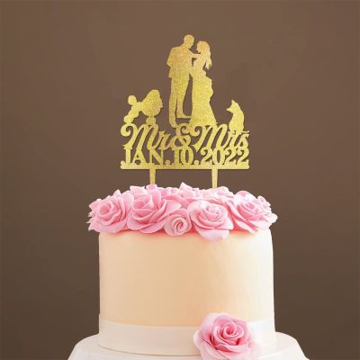 Mr And Mrs Cake Topper Bride And Groom with Pet Wedding Cake Topper Couple Silhouette Custom Wedding Cake Topper Anniversary Cake Toppers Gold Glitter Wood, 6 Inch