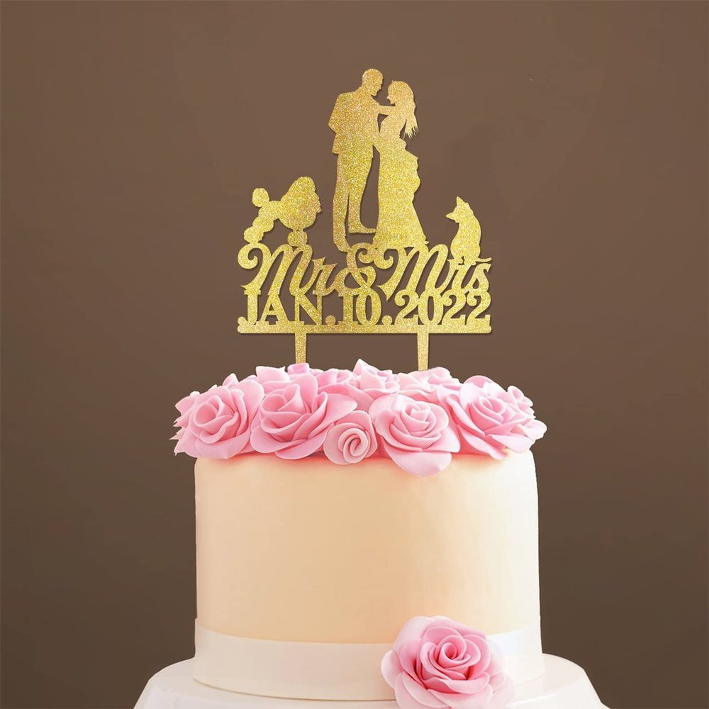 Mr And Mrs Cake Topper Bride And Groom with Pet Wedding Cake Topper Couple Silhouette Custom Wedding Cake Topper Anniversary Cake Toppers Gold Glitter Wood, 6 Inch