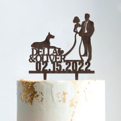 Mr & Mrs Monogram Bridal Shower Topper Bride And Groom with Pet Wedding Cake Topper Couple Silhouette Personalized Wedding Cake Topper Anniversary Cake Toppers Brown Wood, 6 Inch