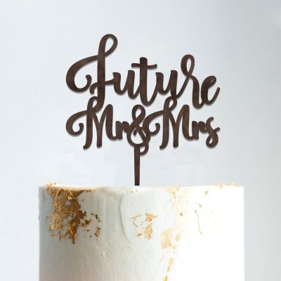 Future Mr & Mrs Mr And Mrs Cake Topper Bride And Groom with Pet Wedding Cake Topper Couple Silhouette Personalized Wedding Cake Topper Funny Cake Toppers for Wedding Brown Wood, 6 Inch