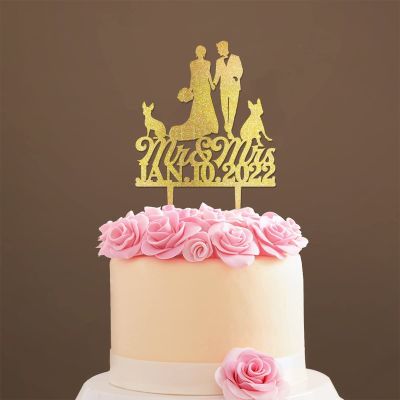 Mr And Mrs Wedding Cake Topper Bride And Groom with Pet Wedding Cake Topper Couple Silhouette Custom Initials Cake Topper Cake Topper Wedding Gold Glitter Wood, 6 Inch