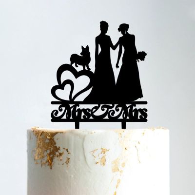 Lesbian Silhouette Wedding Cake Topper with Pet Rustic Mrs And Mrs Cake Topper Custom Wedding Cake Topper Bride and Bride Same Sex Wedding Topper Funny Cake Toppers for Wedding Black Acrylic, 6 Inch