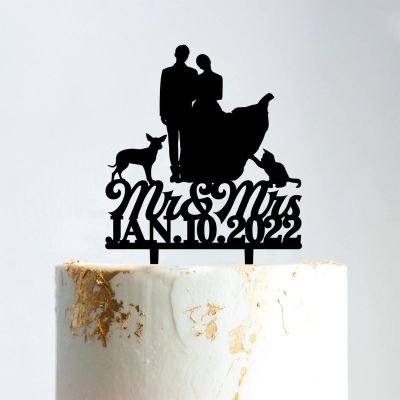 Mr And Mrs Wedding Cake Topper Bride And Groom with Pet Wedding Cake Topper Couple Silhouette Custom Cake Topper Personalized Name Anniversary Baptism Cake Topper Black Acrylic, 6 Inch