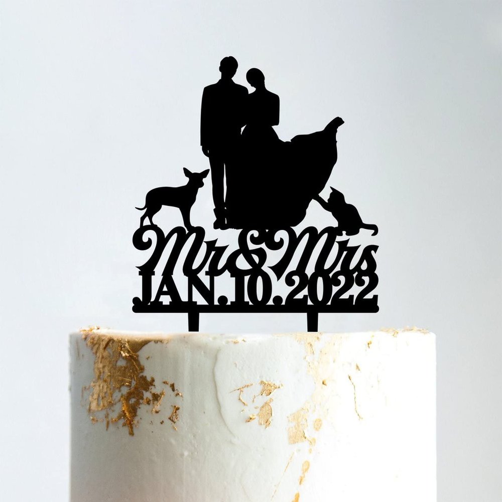 Mr And Mrs Wedding Cake Topper Bride And Groom with Pet Wedding Cake Topper Couple Silhouette Custom Cake Topper Personalized Name Anniversary Baptism Cake Topper Black Acrylic, 6 Inch