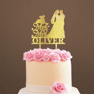 Mr And Mrs Engagement Cake Topper Bride And Groom with Pet Wedding Cake Topper Couple Silhouette Personalized Cake Topper Funny Cake Toppers for Wedding Gold Glitter Wood, 6 Inch