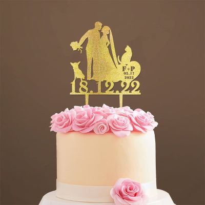 Mr & Mrs Wedding Cake Topper Bride And Groom with Pet Wedding Cake Topper Couple Silhouette Custom Wedding Cake Topper Cake Topper Wedding Gold Glitter Wood, 6 Inch