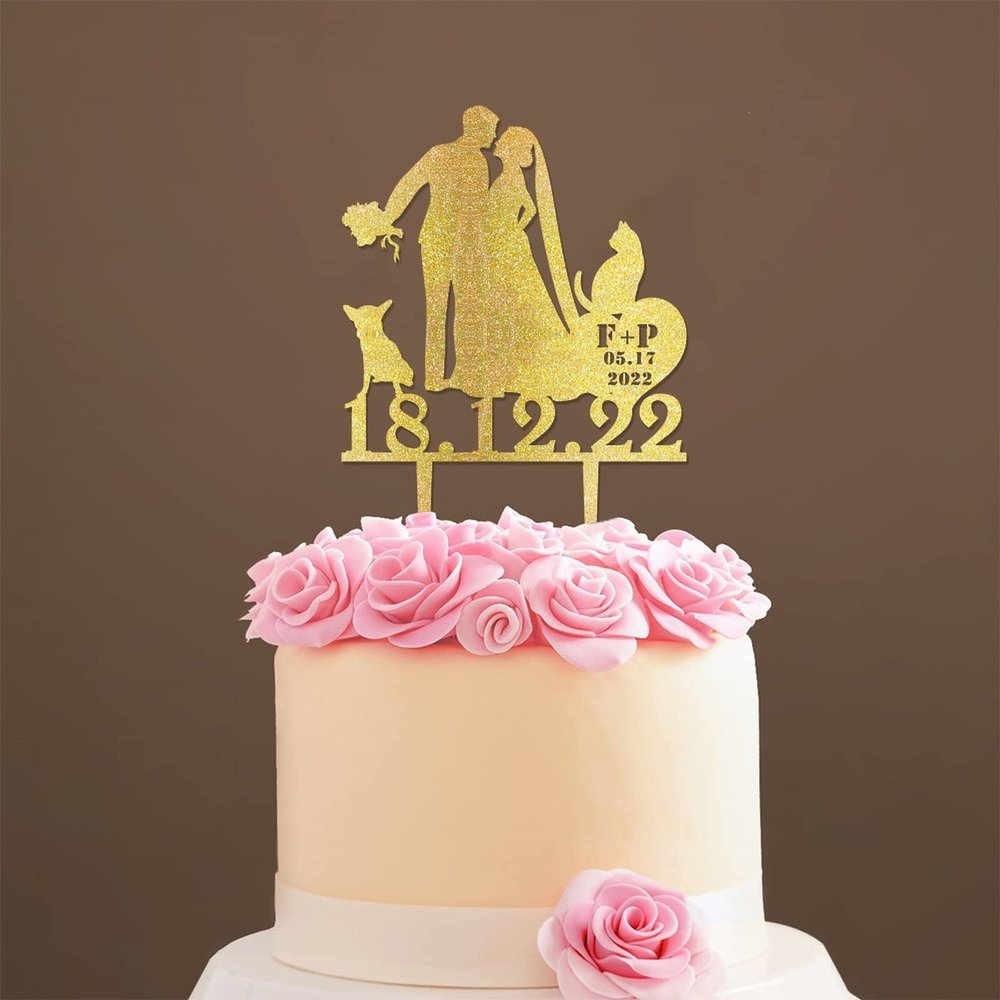 Mr & Mrs Wedding Cake Topper Bride And Groom with Pet Wedding Cake Topper Couple Silhouette Custom Wedding Cake Topper Cake Topper Wedding Gold Glitter Wood, 6 Inch