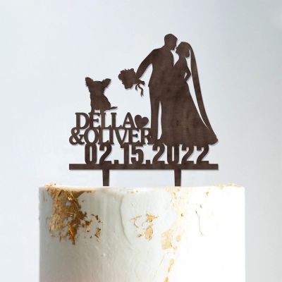 Mr & Mrs Wedding Cake Topper Bride And Groom with Pet Wedding Cake Topper Couple Silhouette Personalized Wedding Cake Topper Script Cake Toppers for Wedding Brown Wood, 6 Inch