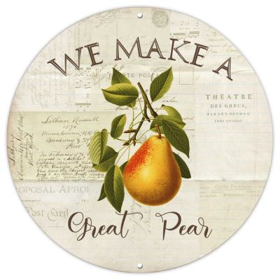 We Make A Great Pear Round Metal Wreath Sign Watercolor Fruit Art Painting Print Round Sign for Wreaths Housewarming Gift 9inch Farmhouse Wreath Accent Sign for Front Door,Garden,Bar,Cafe,Garage