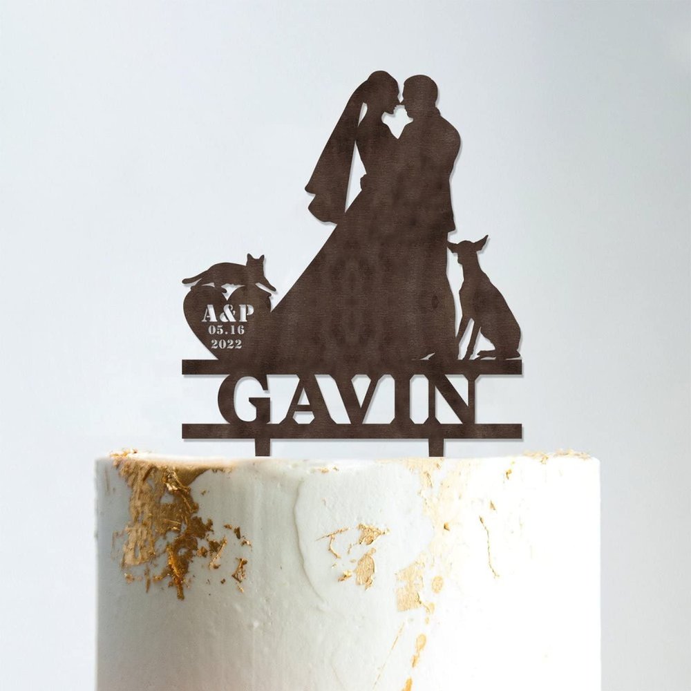 Mr & Mrs Monogram Bridal Shower Topper Bride And Groom with Pet Wedding Cake Topper Couple Silhouette Custom Initials Cake Topper Rustic Wedding Cake Topper Brown Wood, 6 Inch