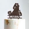 Mr & Mrs Monogram Bridal Shower Topper Bride And Groom with Pet Wedding Cake Topper Couple Silhouette Custom Initials Cake Topper Rustic Wedding Cake Topper Brown Wood, 6 Inch view 1