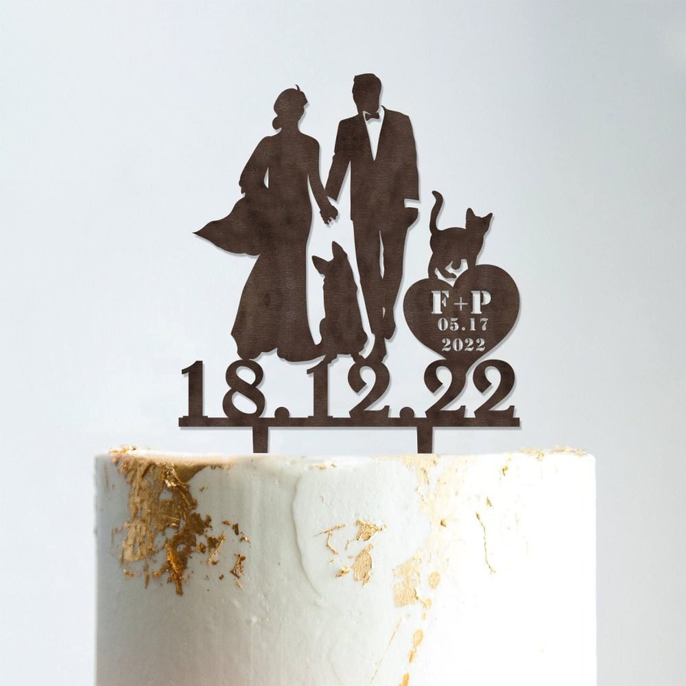 Mr & Mrs Wedding Cake Topper Bride And Groom with Pet Wedding Cake Topper Couple Silhouette Custom Wedding Cake Topper Rustic Wedding Cake Topper Brown Wood, 6 Inch