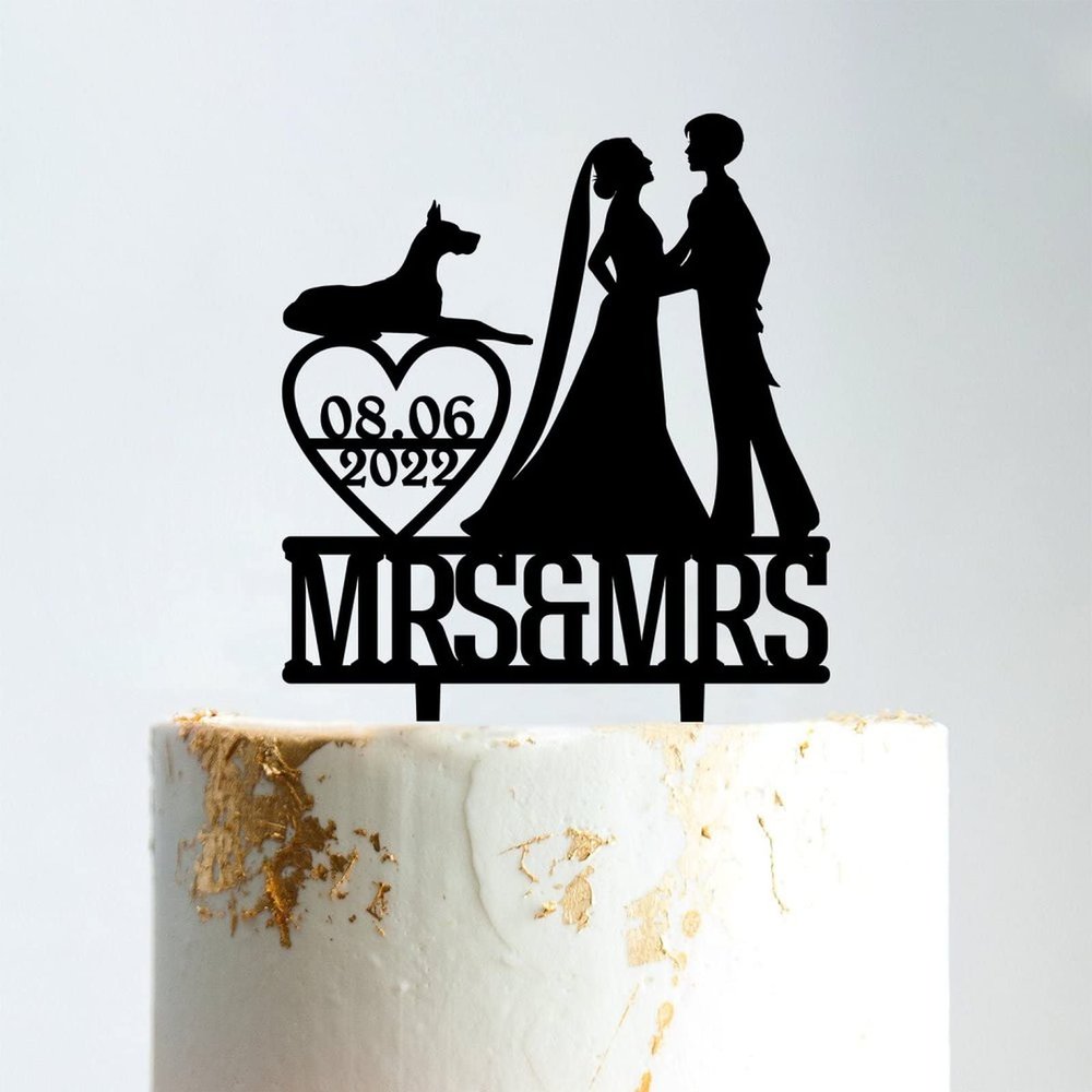 Wedding Cake Topper Lesbian Couple Silhouette with Pet Mrs. & Mrs. Wedding Cake Topper Personalized Wedding Cake Topper Bride and Bride Wedding Topper Rustic Wedding Cake Topper Black Acrylic, 6 Inch