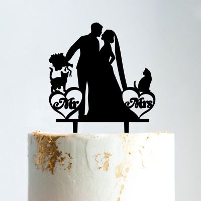 Mr & Mrs Wedding Cake Topper Bride And Groom with Pet Wedding Cake Topper Couple Silhouette Custom Cake Topper Personalized Name Rustic Wedding Cake Topper Black Acrylic, 6 Inch