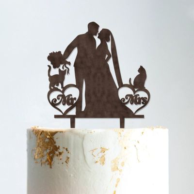 Mr And Mrs Engagement Cake Topper Bride And Groom with Pet Wedding Cake Topper Couple Silhouette Personalized Wedding Cake Topper Rustic Wedding Cake Topper Brown Wood, 6 Inch
