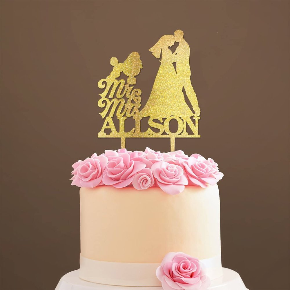 Mr & Mrs Rustic Wreath Couple's Names Cake Topper Bride And Groom with Pet Wedding Cake Topper Couple Silhouette Custom Wedding Cake Topper Anniversary Cake Toppers Gold Glitter Wood, 6 Inch