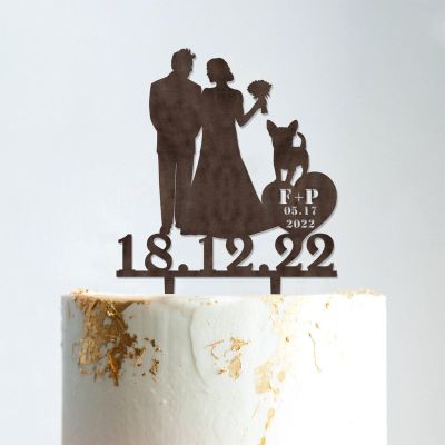Mr And Mrs Cake Topper Bride And Groom with Pet Wedding Cake Topper Family Cake Topper Couple Silhouette Custom Cake Topper Cake Topper Wedding Brown Wood, 6 Inch
