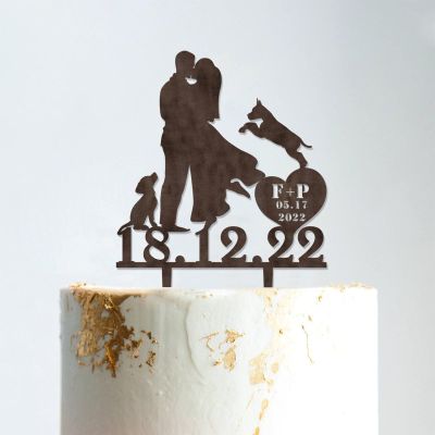 Mr And Mrs Cake Toppers for Wedding Bride And Groom with Pet Wedding Cake Topper Couple Silhouette Personalized Wedding Cake Topper Script Cake Toppers for Wedding Brown Wood, 6 Inch