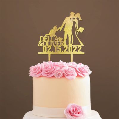 Mr And Mrs Cake Topper Bride And Groom with Pet Wedding Cake Topper Couple Silhouette Personalized Cake Topper Anniversary Cake Toppers Gold Glitter Wood, 6 Inch
