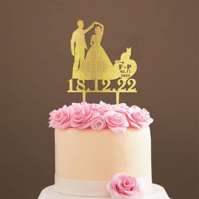 Custom Mr Mrs Cake Topper Bride And Groom with Pet Wedding Cake Topper Couple Silhouette Custom Wedding Cake Topper Anniversary Cake Toppers Gold Glitter Wood, 6 Inch