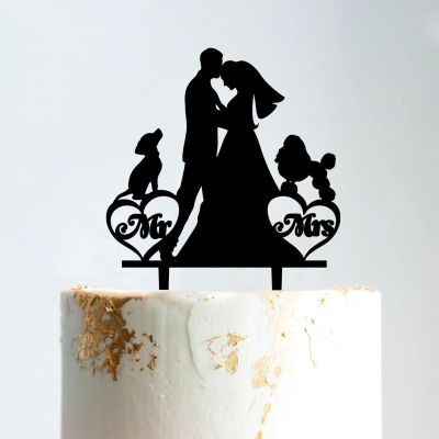 Mr And Mrs Cake Toppers for Wedding Bride And Groom with Pet Wedding Cake Topper Couple Silhouette Personalized Cake Topper Rustic Wedding Cake Topper Black Acrylic, 6 Inch