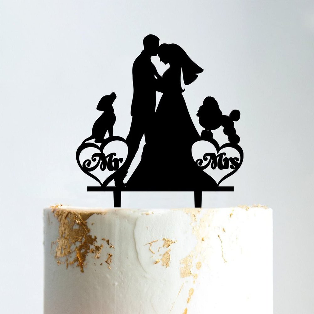 Mr And Mrs Cake Toppers for Wedding Bride And Groom with Pet Wedding Cake Topper Couple Silhouette Personalized Cake Topper Rustic Wedding Cake Topper Black Acrylic, 6 Inch