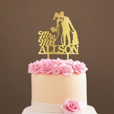 Mr & Mrs Monogram Bridal Shower Topper Bride And Groom with Pet Wedding Cake Topper Couple Silhouette Personalized Wedding Cake Topper Script Cake Toppers for Wedding Gold Glitter Wood, 6 Inch