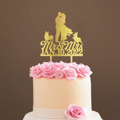 Mr And Mrs Engagement Cake Topper Bride And Groom with Pet Wedding Cake Topper Couple Silhouette Personalized Wedding Cake Topper Anniversary Cake Toppers Gold Glitter Wood, 6 Inch