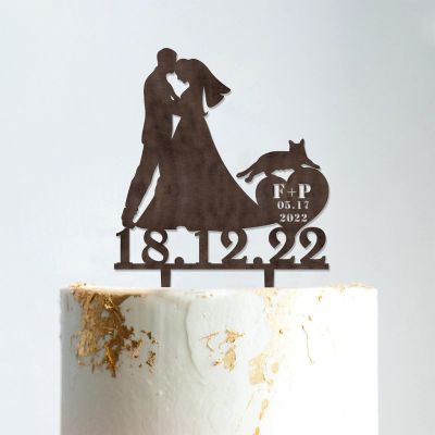 Mr And Mrs Cake Topper Bride And Groom with Pet Wedding Cake Topper Couple Silhouette Personalized Wedding Cake Topper Script Cake Toppers for Wedding Brown Wood, 6 Inch