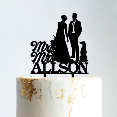 Custom Mr Mrs Cake Topper Bride And Groom with Pet Wedding Cake Topper Couple Silhouette Personalized Wedding Cake Topper Anniversary Cake Toppers Black Acrylic, 6 Inch